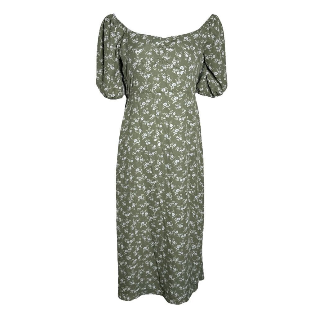 Hesperus Woman’s Small Ditsy Floral Green Midi Dress Cottagecore Puff Sleeve